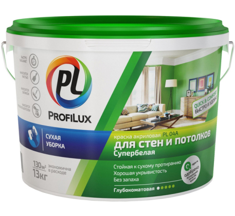 Краска ВД Profilux PL-04А акриловая для стен и потолков (зелёная эт.) бел. ( 14кг) фото 1